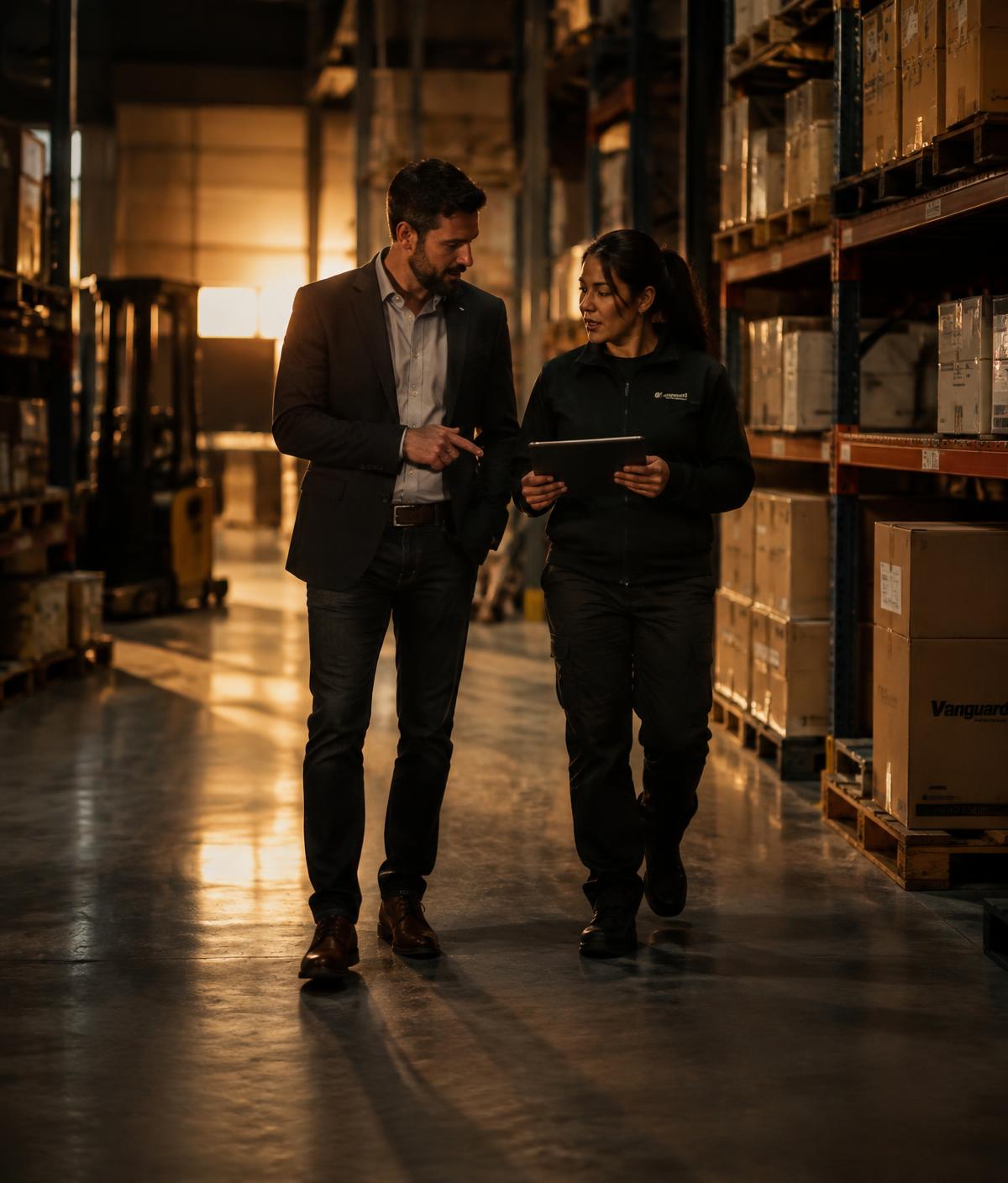 An owner and operations manager walking a warehouse floor